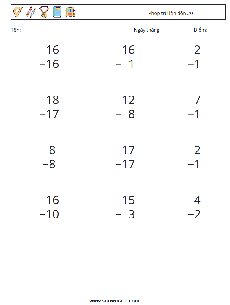 (12) Phép trừ lên đến 20 Bảng tính toán học 11