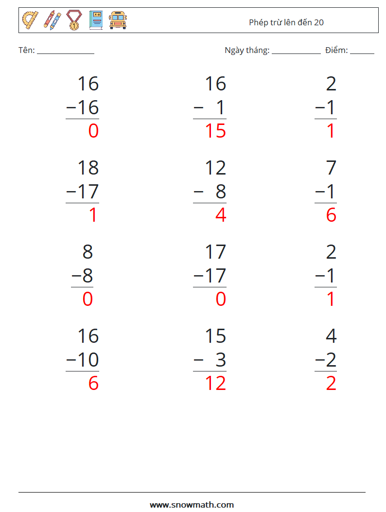 (12) Phép trừ lên đến 20 Bảng tính toán học 11 Câu hỏi, câu trả lời