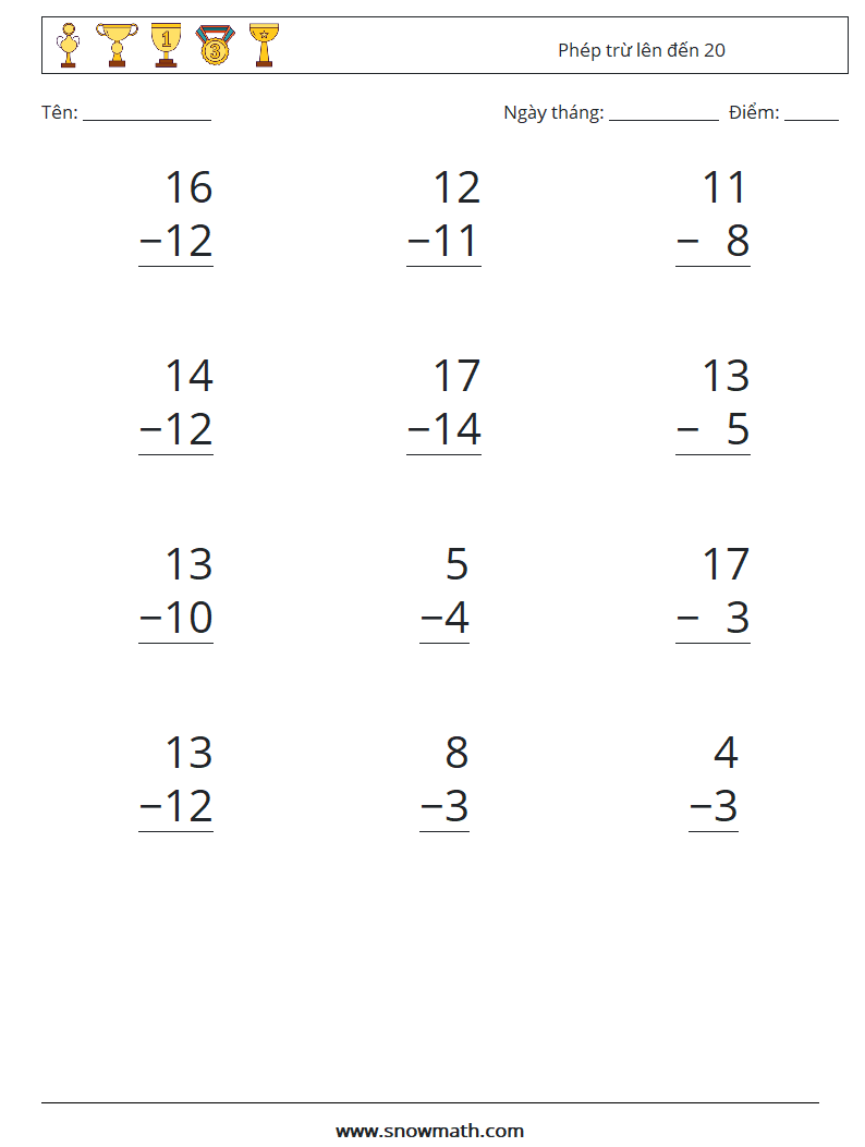 (12) Phép trừ lên đến 20 Bảng tính toán học 12