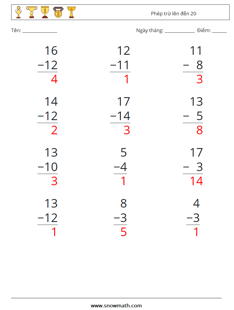 (12) Phép trừ lên đến 20 Bảng tính toán học 12 Câu hỏi, câu trả lời