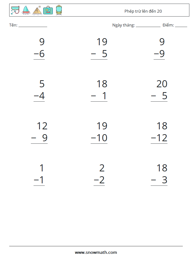 (12) Phép trừ lên đến 20 Bảng tính toán học 13