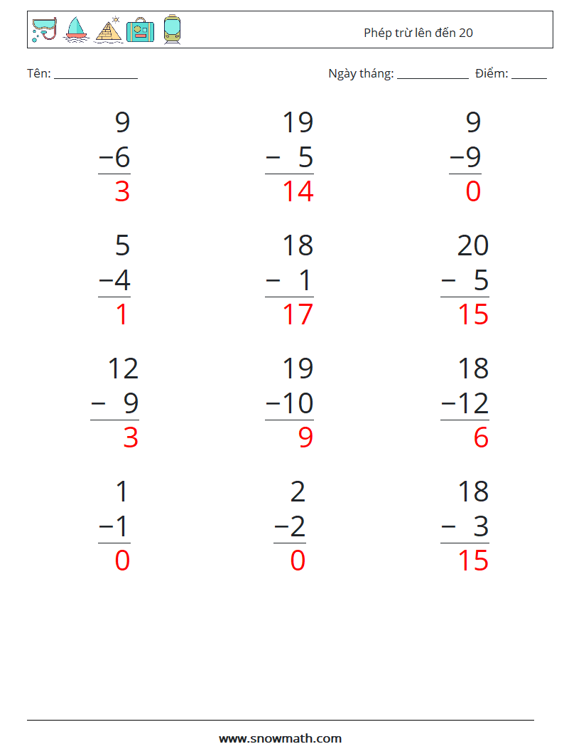 (12) Phép trừ lên đến 20 Bảng tính toán học 13 Câu hỏi, câu trả lời