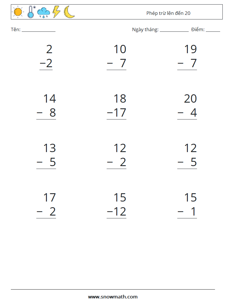 (12) Phép trừ lên đến 20 Bảng tính toán học 14