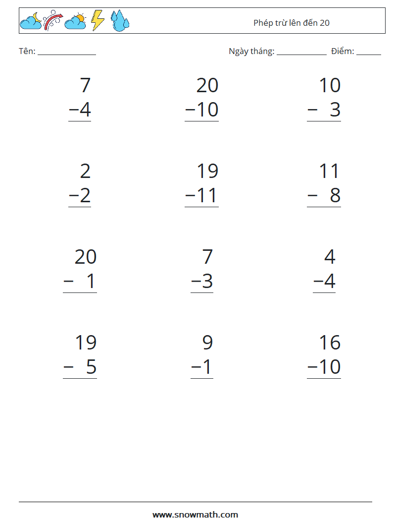 (12) Phép trừ lên đến 20 Bảng tính toán học 15