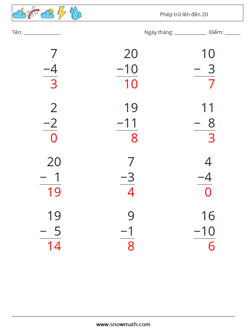 (12) Phép trừ lên đến 20 Bảng tính toán học 15 Câu hỏi, câu trả lời