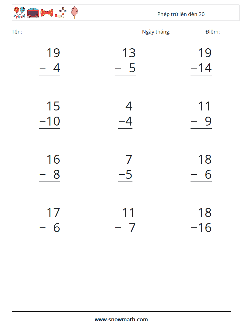 (12) Phép trừ lên đến 20 Bảng tính toán học 18