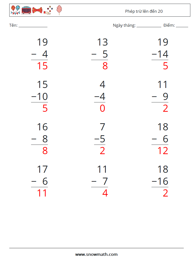 (12) Phép trừ lên đến 20 Bảng tính toán học 18 Câu hỏi, câu trả lời