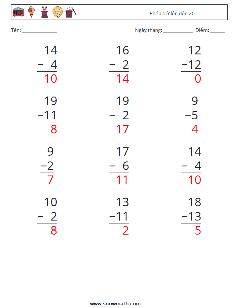 (12) Phép trừ lên đến 20 Bảng tính toán học 3 Câu hỏi, câu trả lời