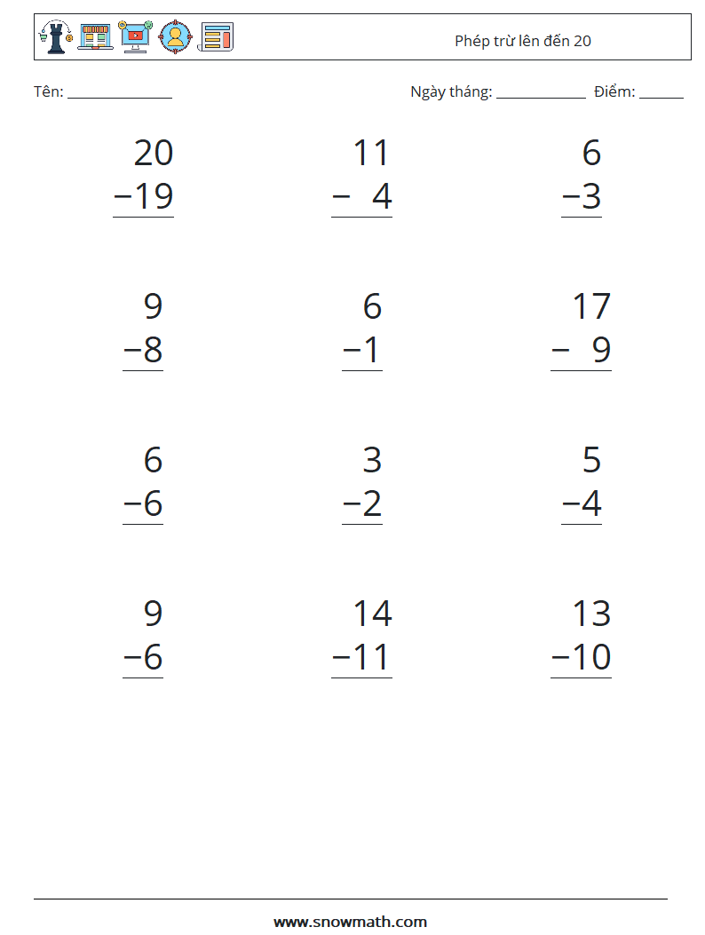 (12) Phép trừ lên đến 20 Bảng tính toán học 4