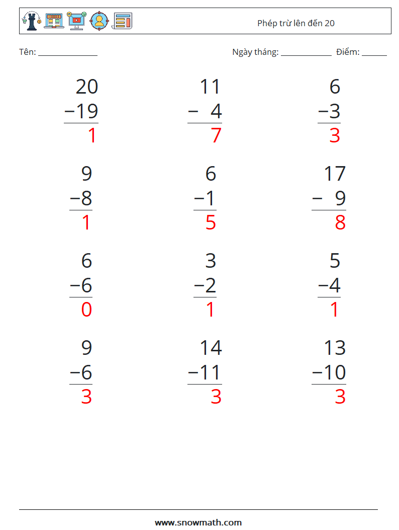 (12) Phép trừ lên đến 20 Bảng tính toán học 4 Câu hỏi, câu trả lời