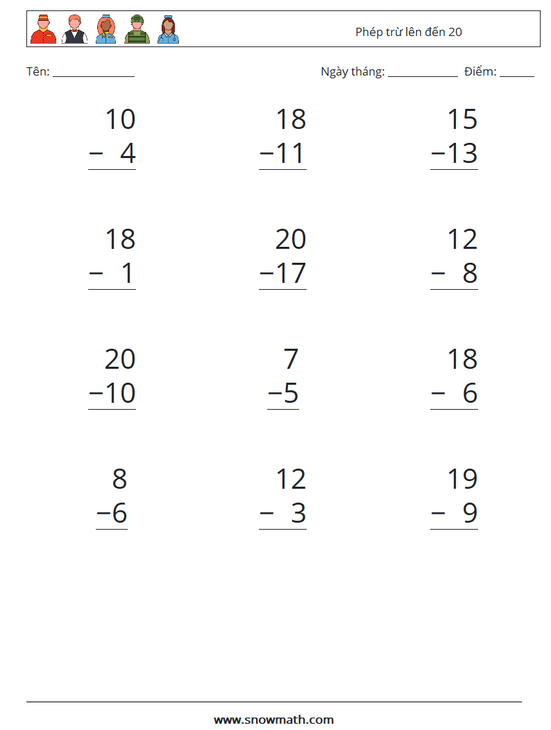 (12) Phép trừ lên đến 20 Bảng tính toán học 8