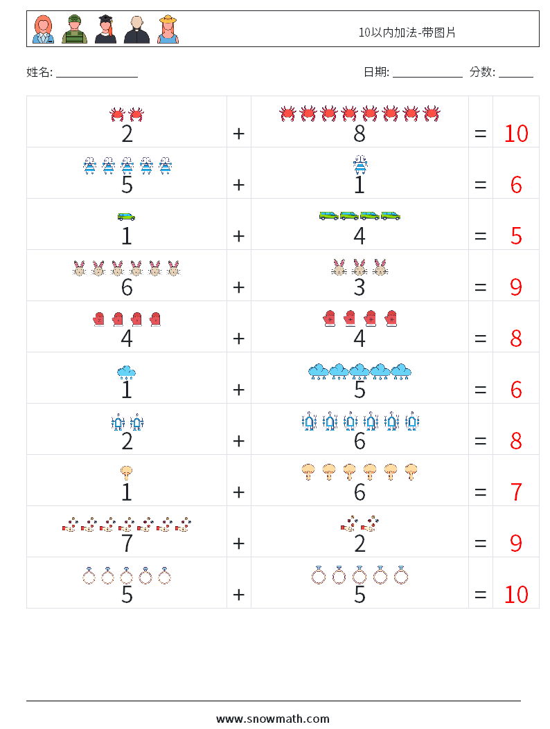 10以内加法-带图片 数学练习题 16 问题,解答