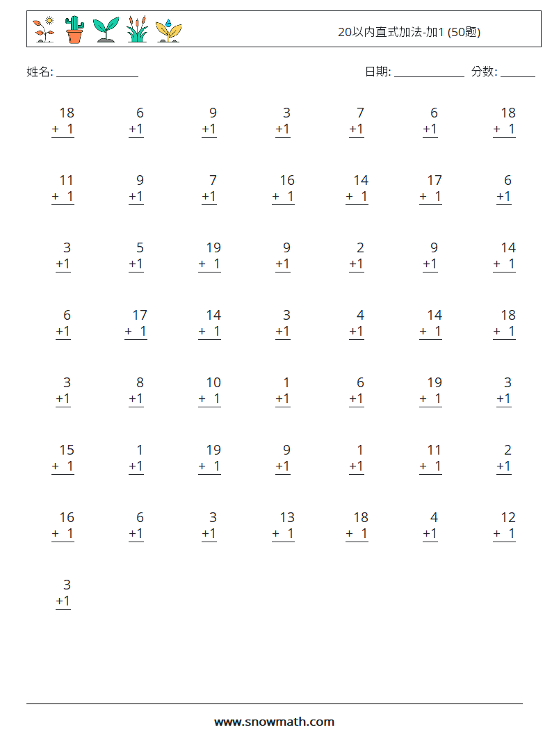 20以内直式加法-加1 (50题) 数学练习题 8
