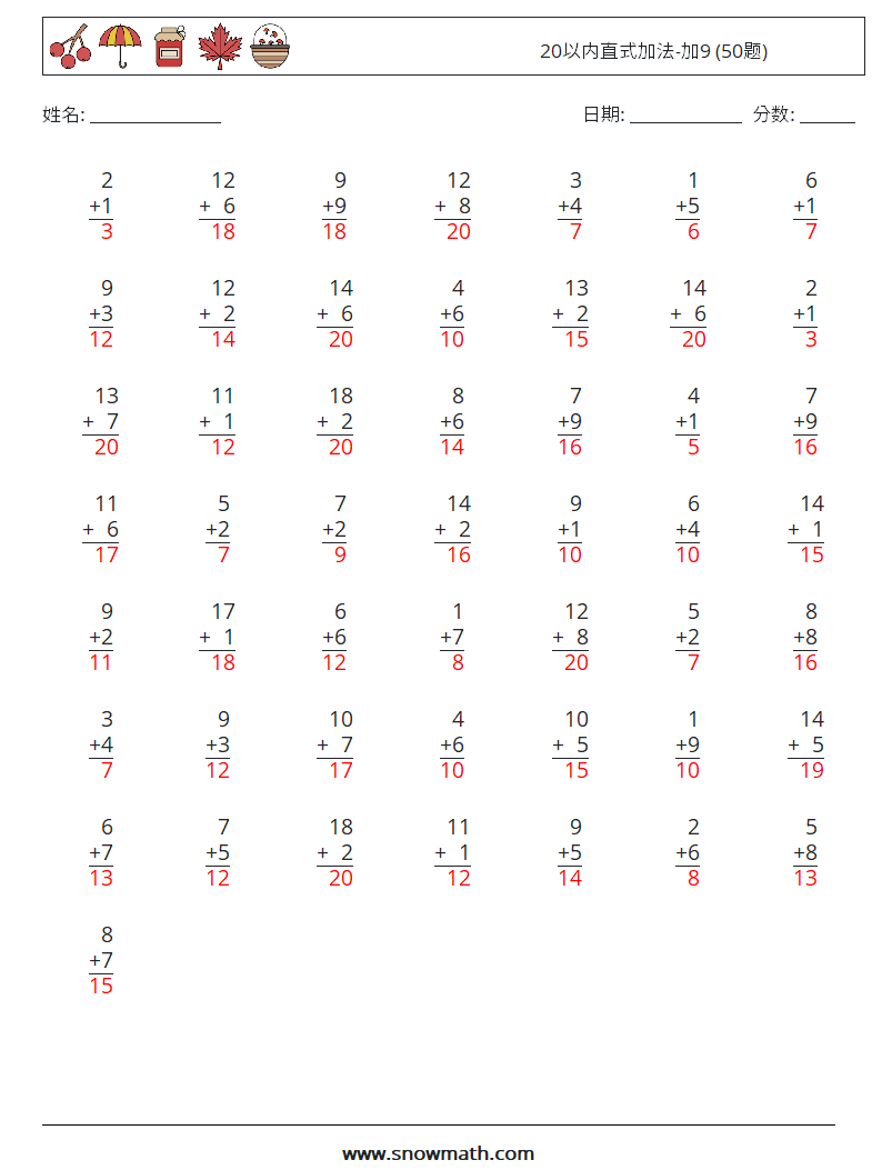 20以内直式加法-加9 (50题) 数学练习题 17 问题,解答