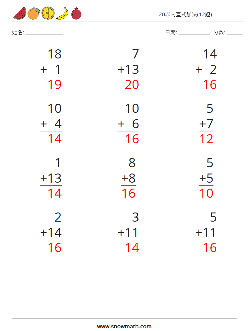 20以内直式加法(12题) 数学练习题 16 问题,解答
