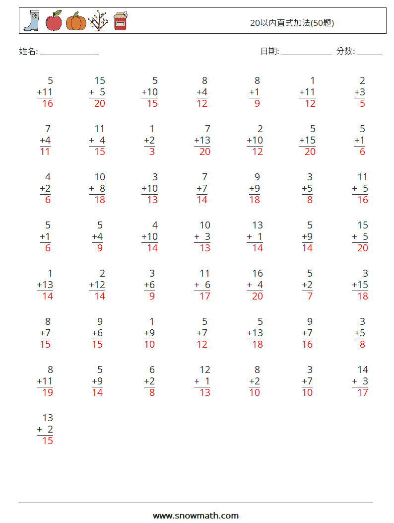 20以内直式加法(50题) 数学练习题 2 问题,解答