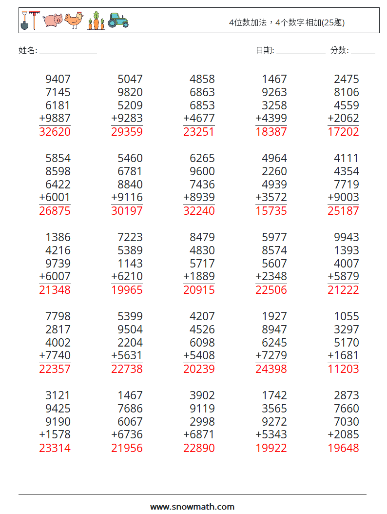 4位数加法，4个数字相加(25题) 数学练习题 17 问题,解答