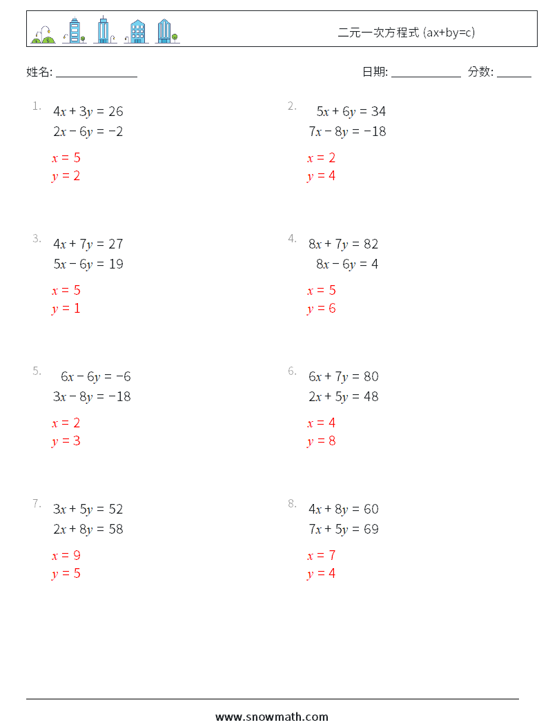二元一次方程式 (ax+by=c) 数学练习题 12 问题,解答