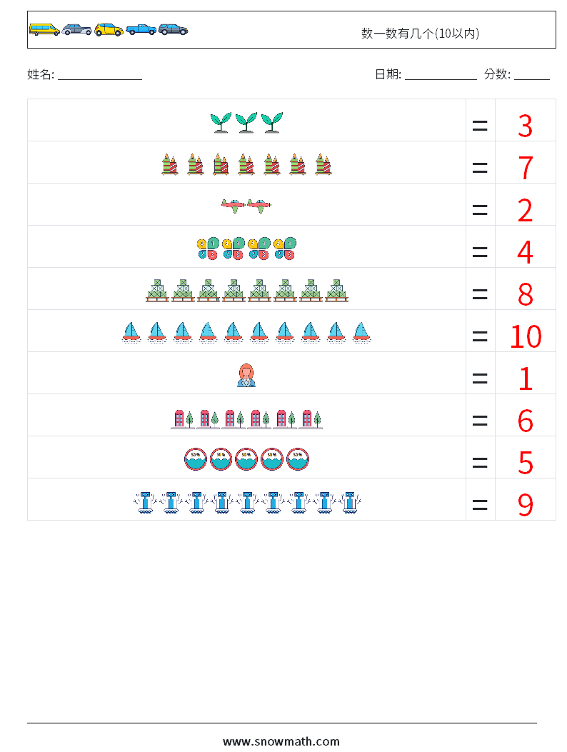 数一数有几个(10以内) 数学练习题 12 问题,解答