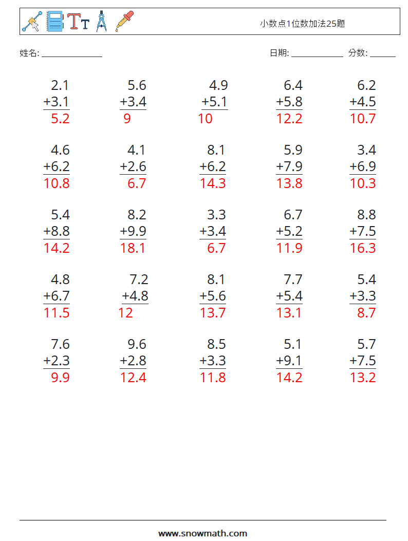 小数点1位数加法25题 数学练习题 12 问题,解答