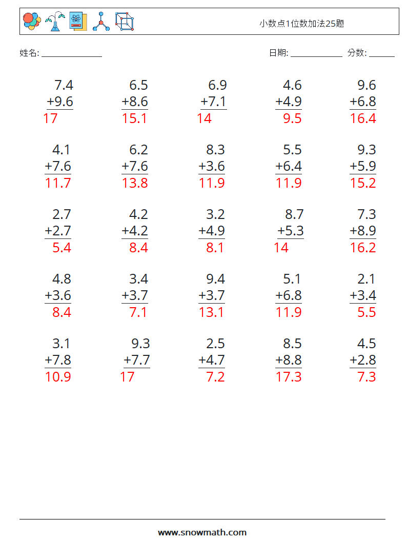 小数点1位数加法25题 数学练习题 15 问题,解答