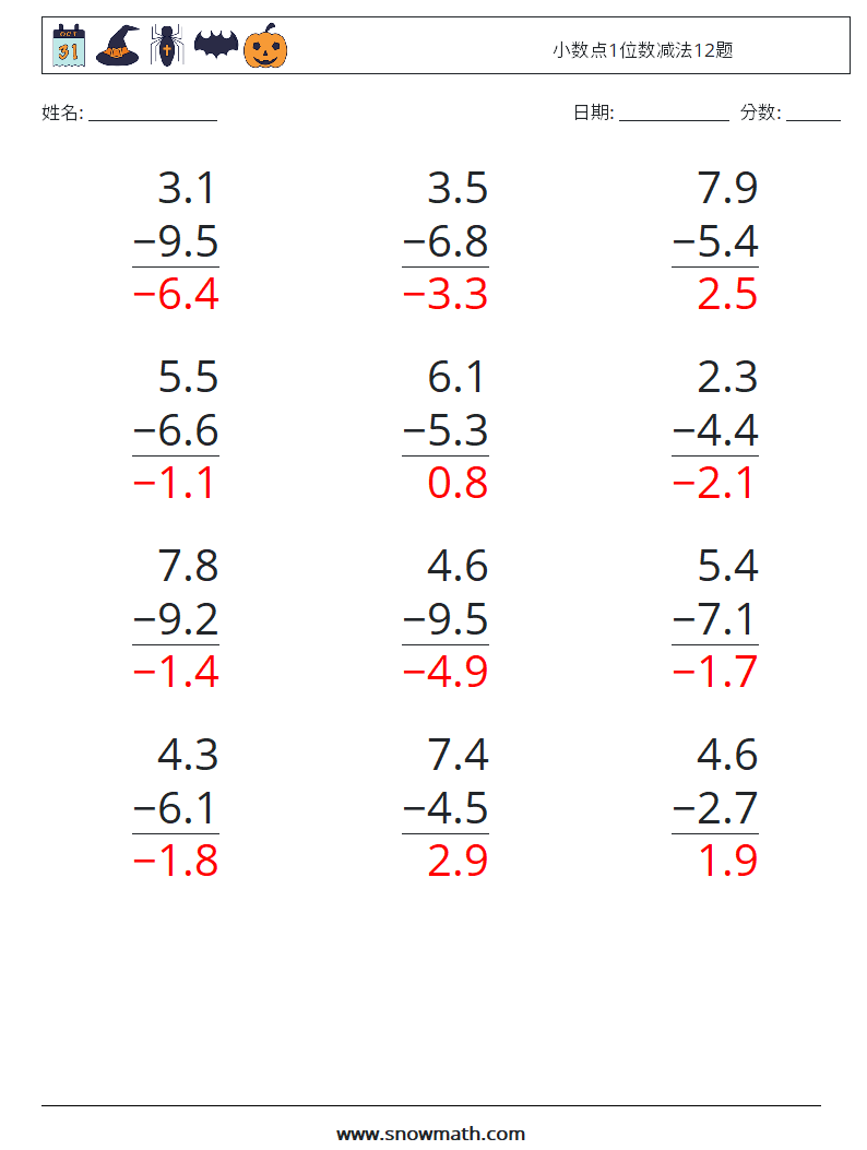 小数点1位数减法12题 数学练习题 18 问题,解答