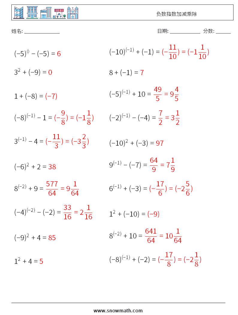 负数指数加减乘除 数学练习题 1 问题,解答
