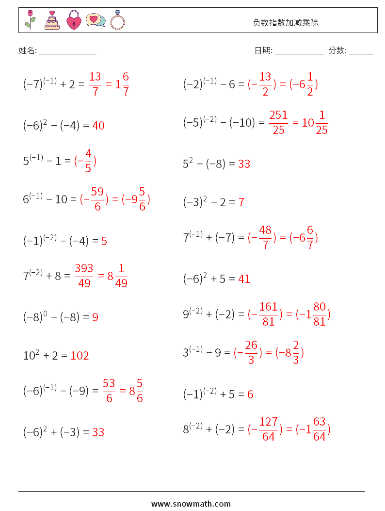 负数指数加减乘除 数学练习题 2 问题,解答