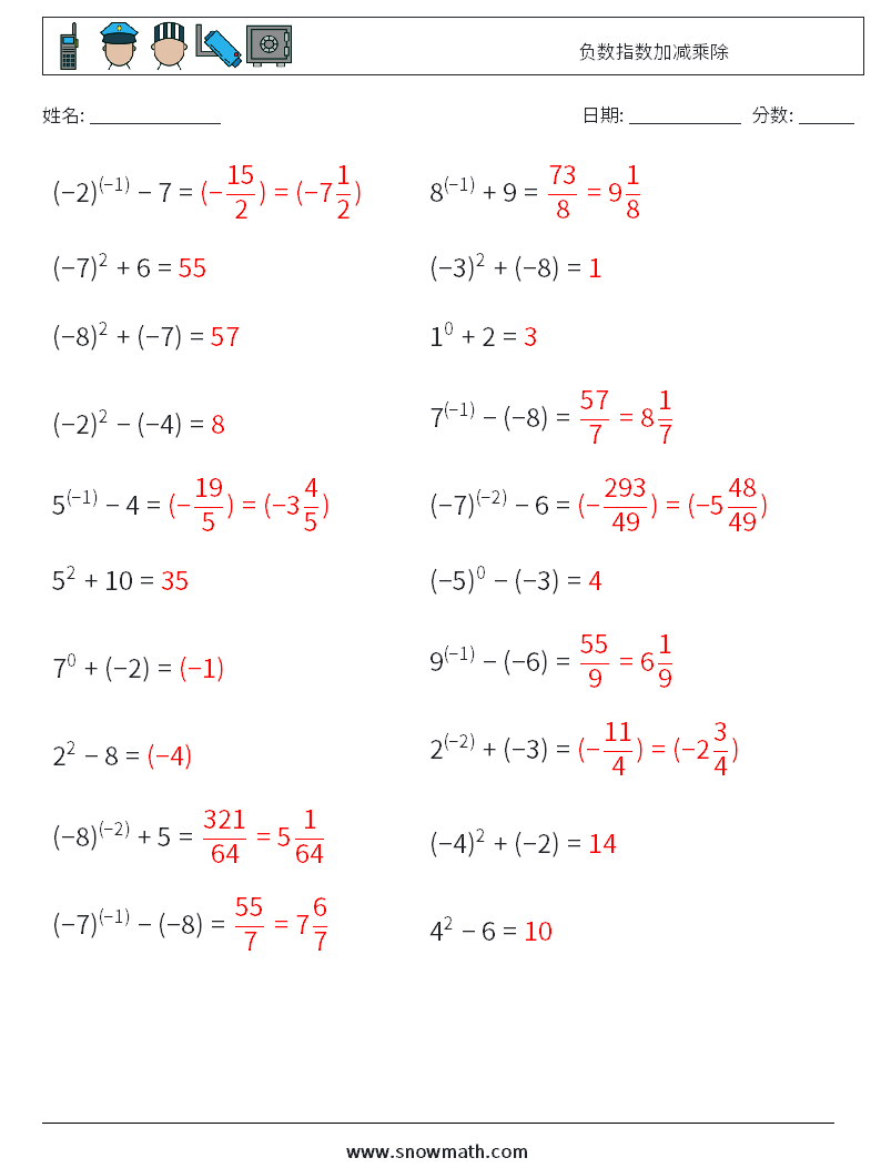 负数指数加减乘除 数学练习题 5 问题,解答