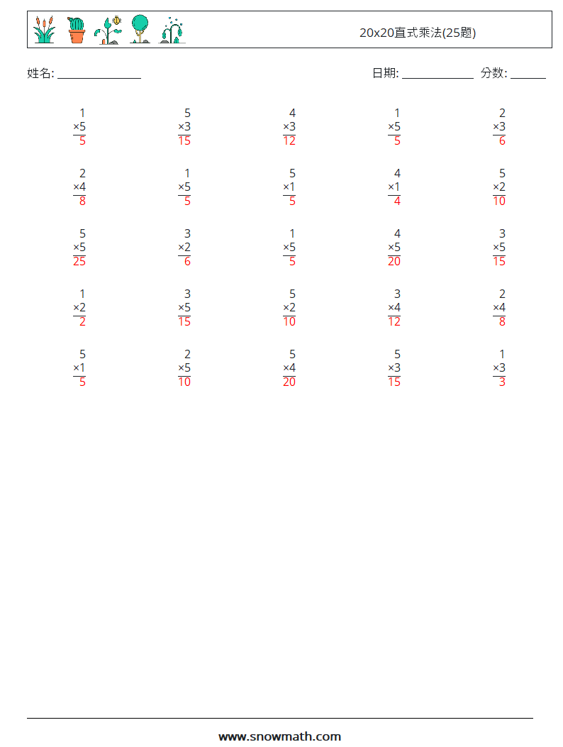 20x20直式乘法(25题) 数学练习题 10 问题,解答