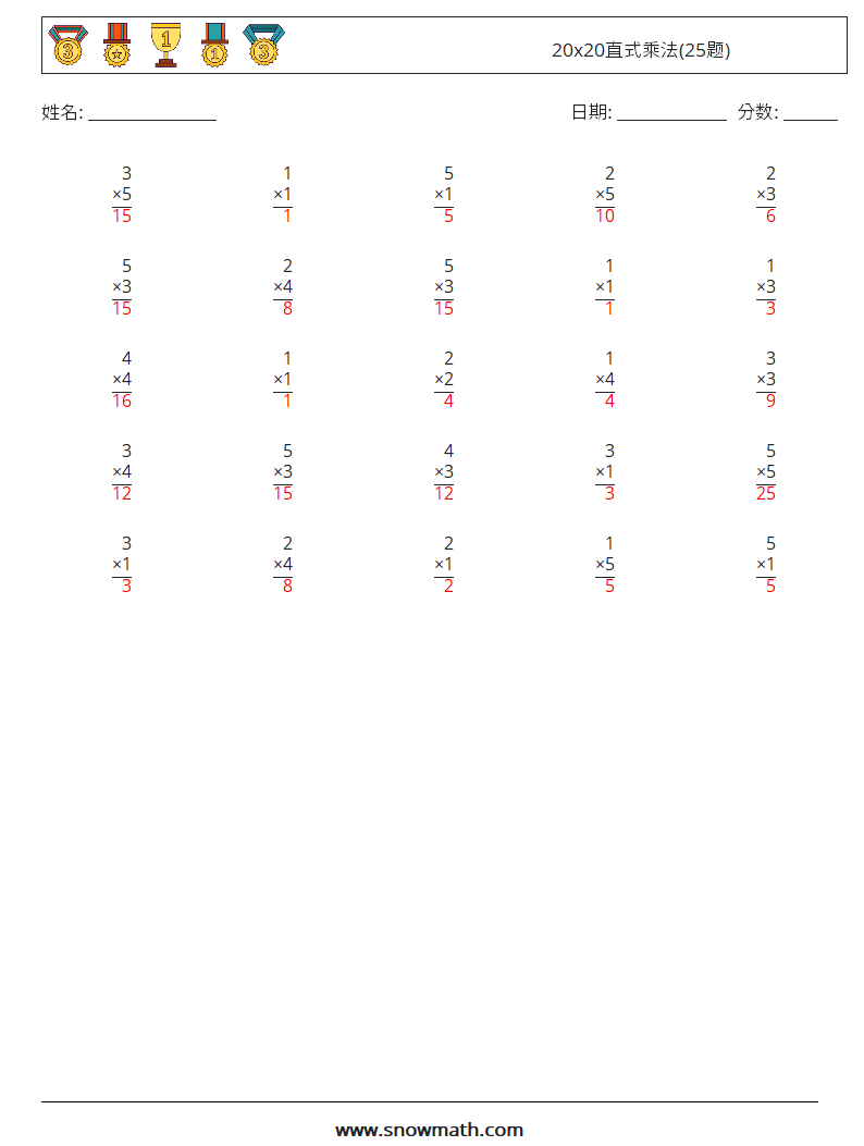 20x20直式乘法(25题) 数学练习题 18 问题,解答