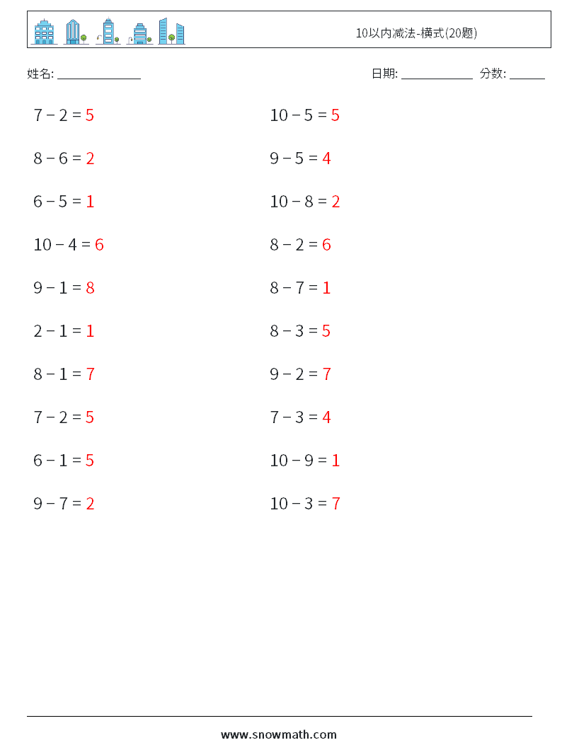 10以内减法-横式(20题) 数学练习题 1 问题,解答