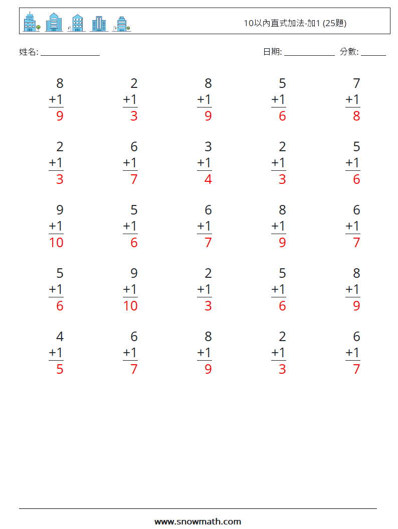 10以內直式加法-加1 (25題) 數學練習題 4 問題,解答