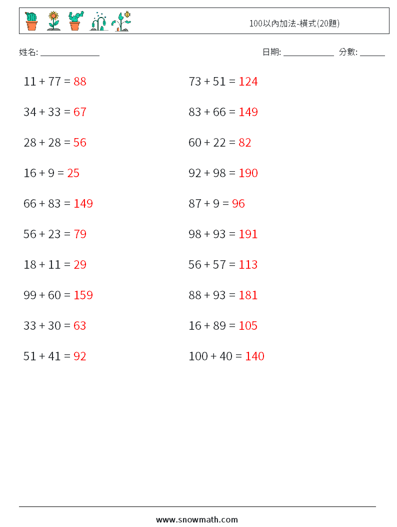 100以內加法-橫式(20題) 數學練習題 2 問題,解答