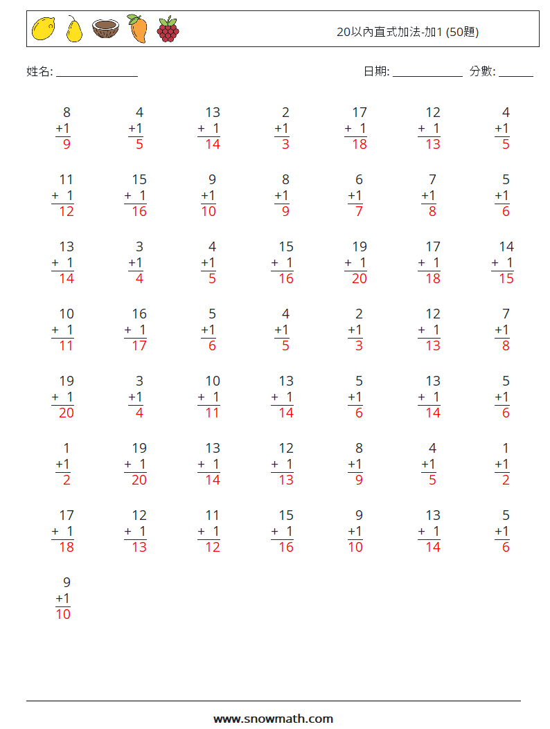 20以內直式加法-加1 (50題) 數學練習題 14 問題,解答