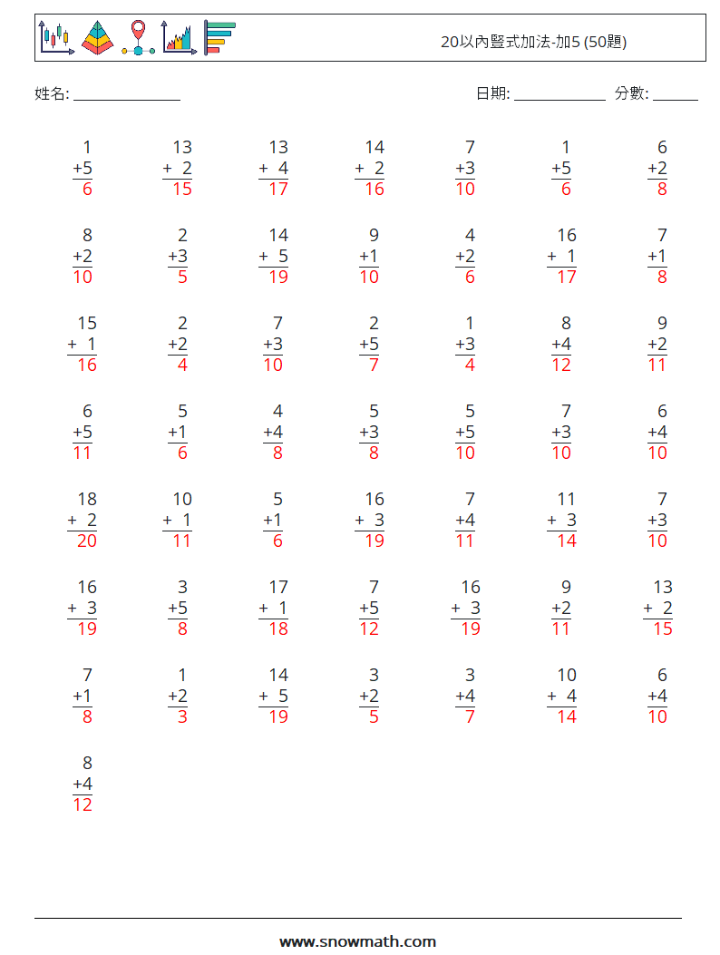 20以內豎式加法-加5 (50題) 數學練習題 17 問題,解答