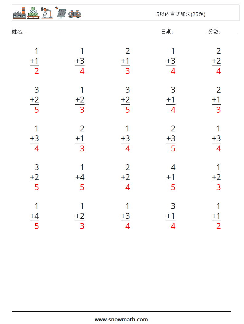 5以內直式加法(25題) 數學練習題 4 問題,解答