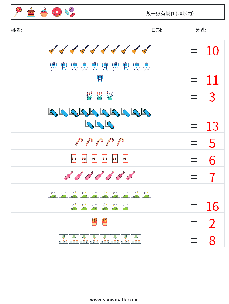 數一數有幾個(20以內) 數學練習題 12 問題,解答