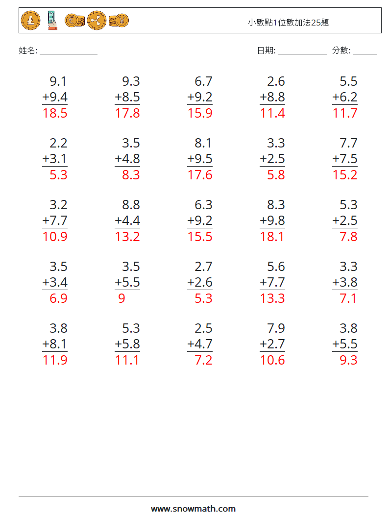 小數點1位數加法25題 數學練習題 10 問題,解答