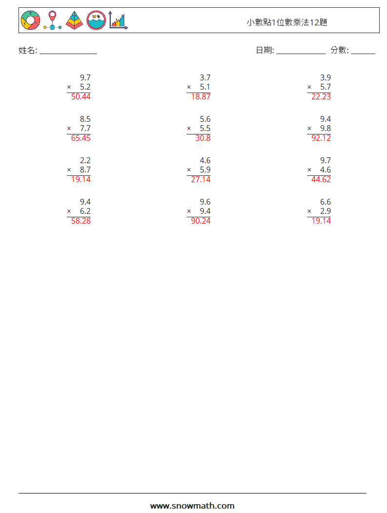 小數點1位數乘法12題 數學練習題 17 問題,解答