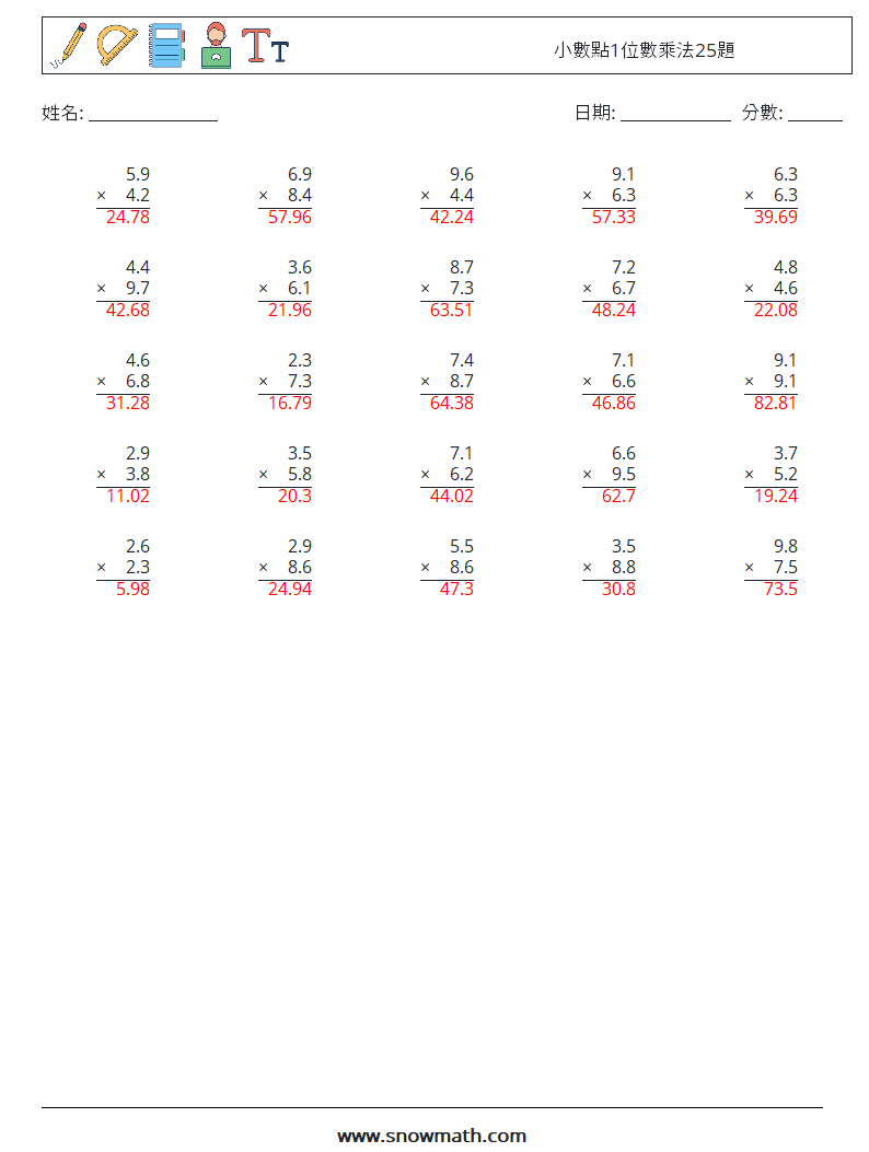 小數點1位數乘法25題 數學練習題 12 問題,解答