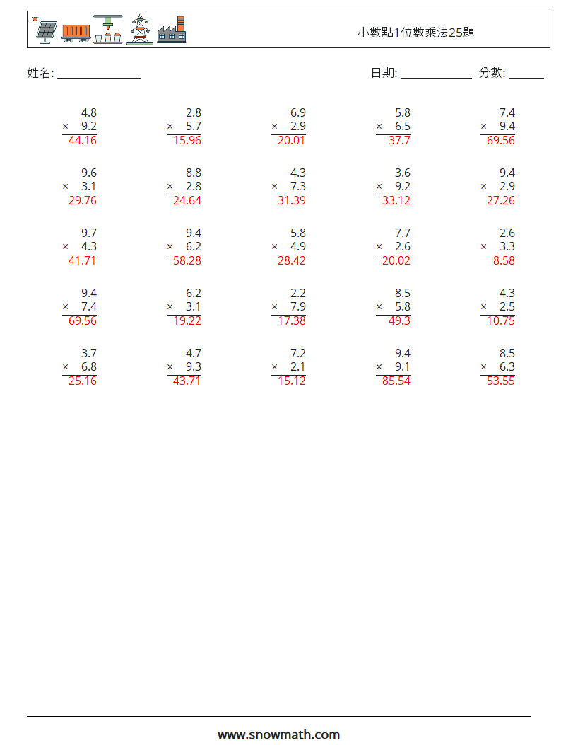 小數點1位數乘法25題 數學練習題 15 問題,解答