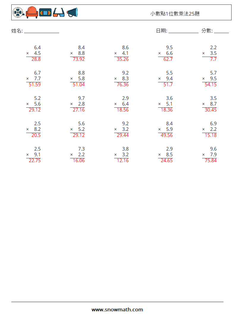 小數點1位數乘法25題 數學練習題 16 問題,解答
