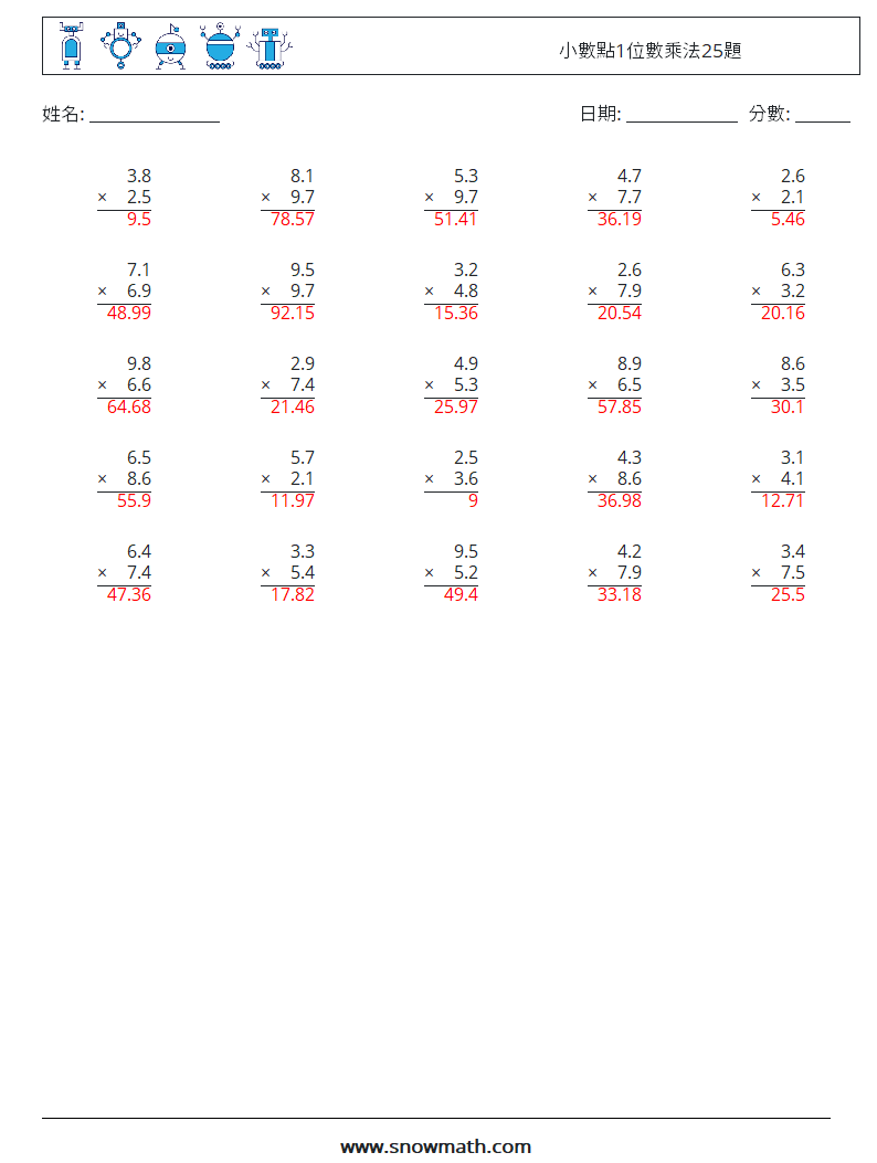小數點1位數乘法25題 數學練習題 3 問題,解答