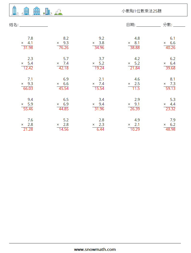 小數點1位數乘法25題 數學練習題 7 問題,解答