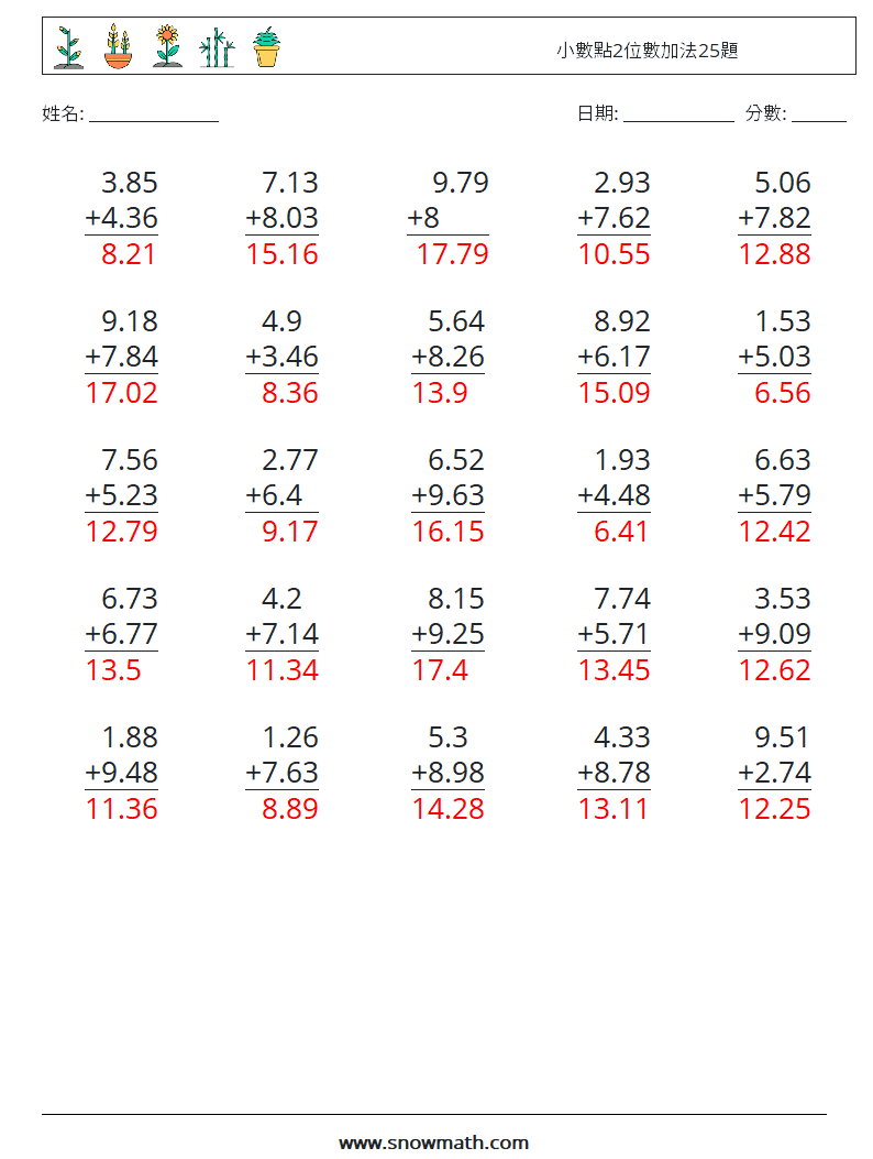 小數點2位數加法25題 數學練習題 10 問題,解答