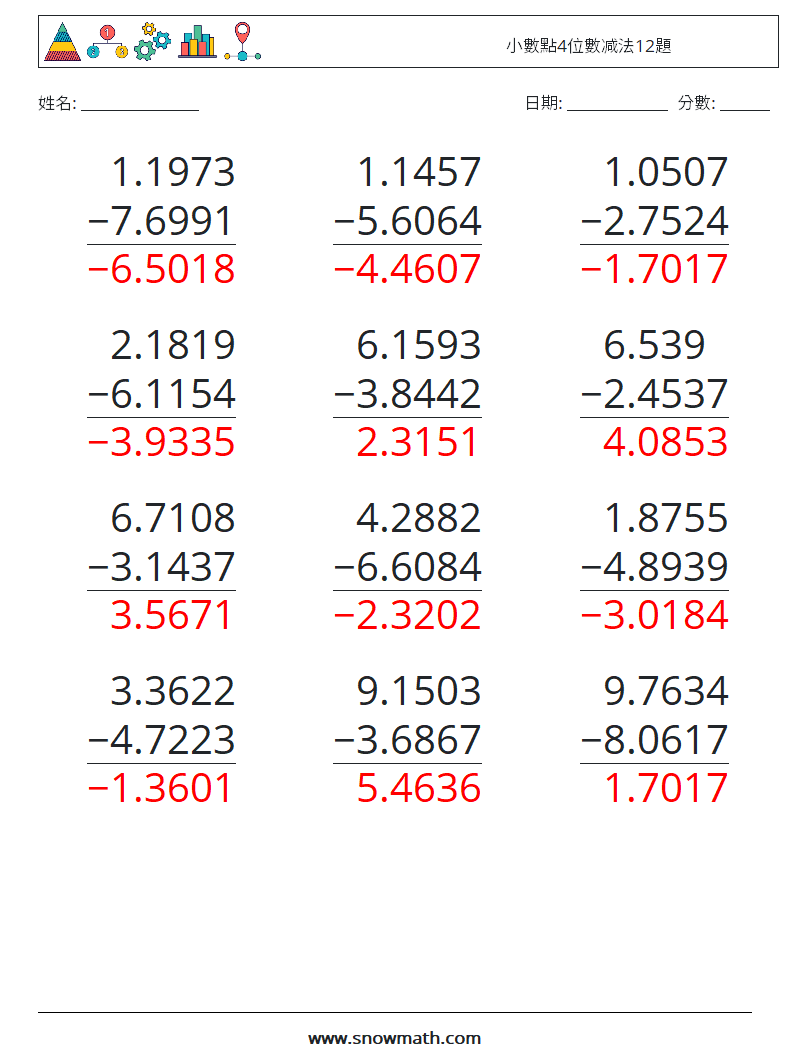小數點4位數减法12題 數學練習題 15 問題,解答