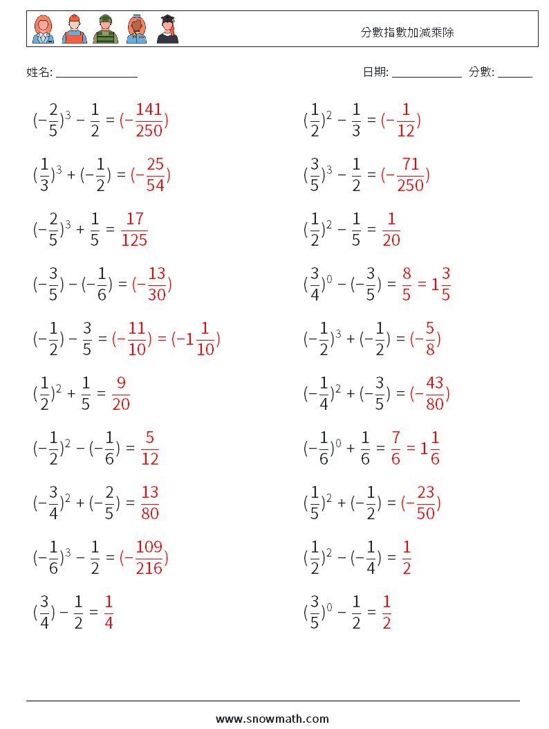 分數指數加減乘除 數學練習題 1 問題,解答