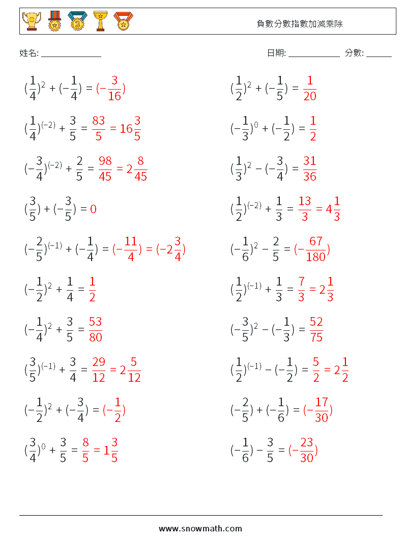 負數分數指數加減乘除 數學練習題 8 問題,解答