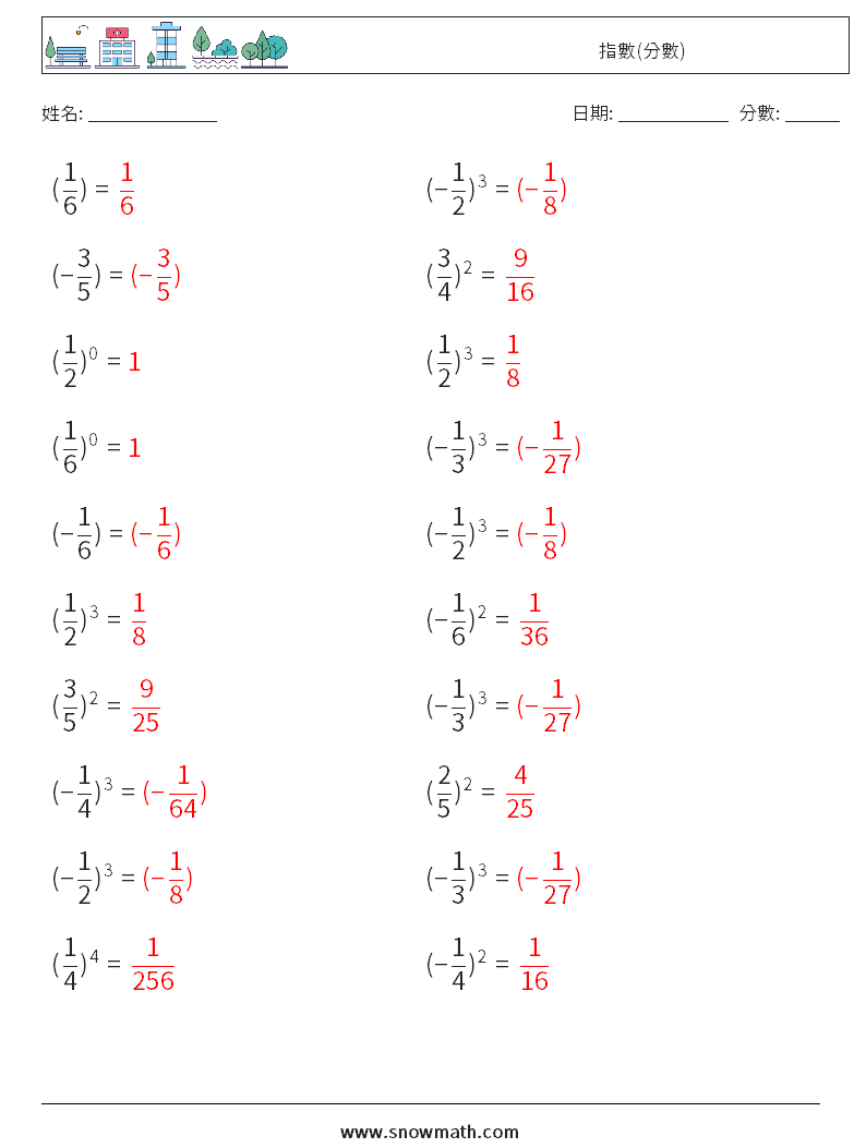 指數(分數) 數學練習題 2 問題,解答